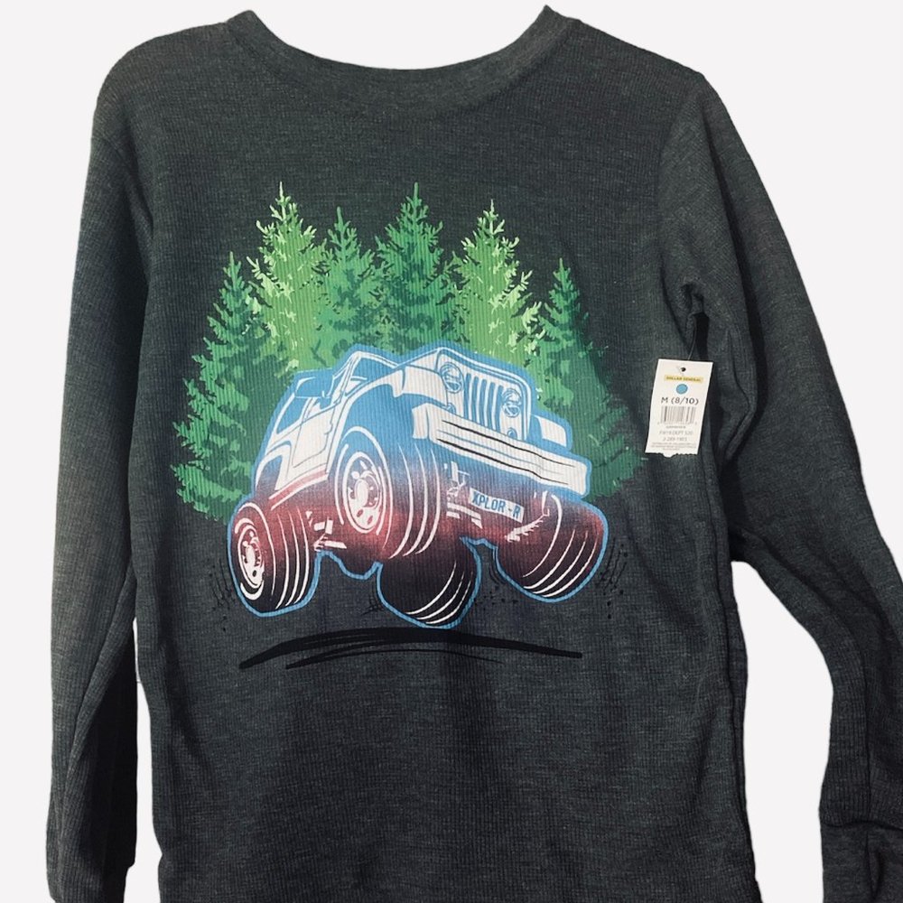 OT Revolution Boy's Gray Jeep Long Sleeve Raglan Thermal Shirt Size M 8/10